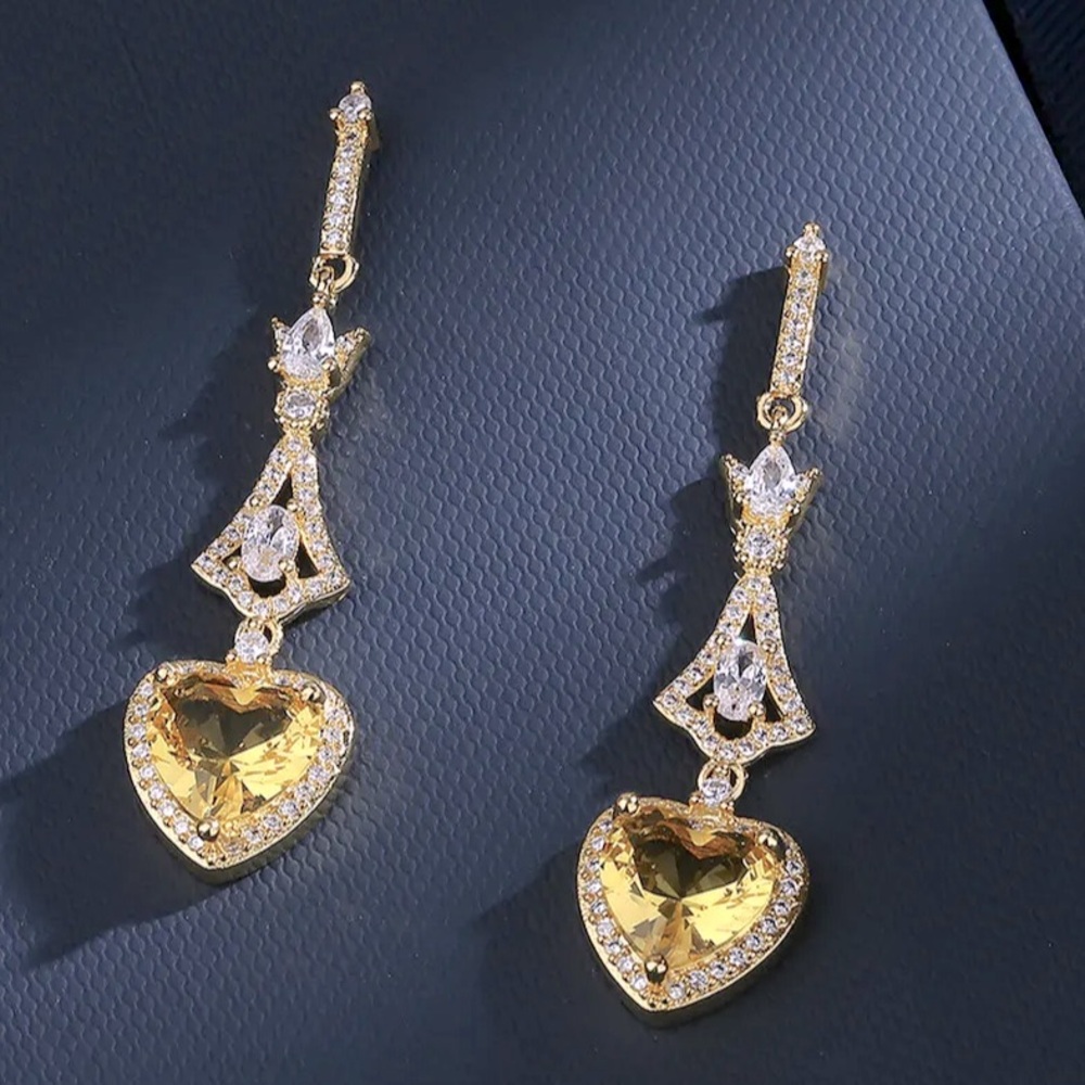New 18k Yellow Gold Plated 925 Silver White Sapphire Citrine Heart Drops - Picture 2 of 5